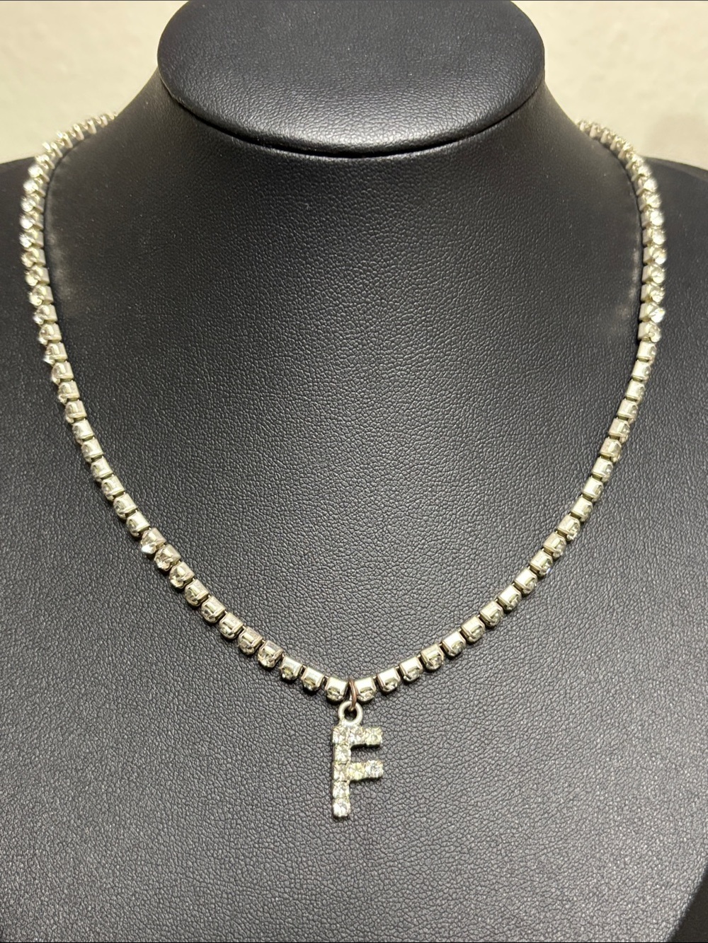 Silver Tone Rhinestone Initial F Tennis Necklace - Sparkling Silver